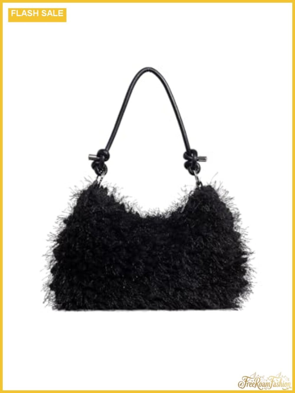 Faux Fur Fluffy Shoulder Bag Plush Purse Knotted Strap Zipper Pouch